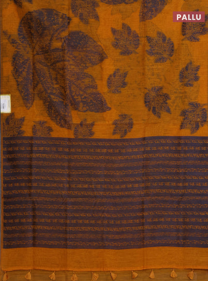 Banarasi semi matka saree mustard yellow with allover thread woven leaf butta weaves in borderless style