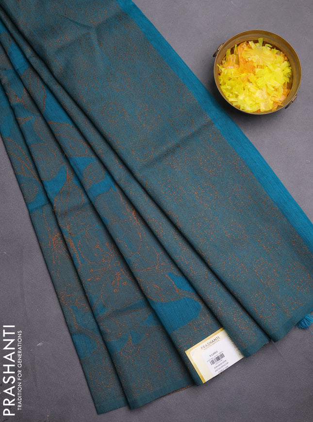 Banarasi semi matka saree teal blue shade with allover thread floral weaves and thread woven border
