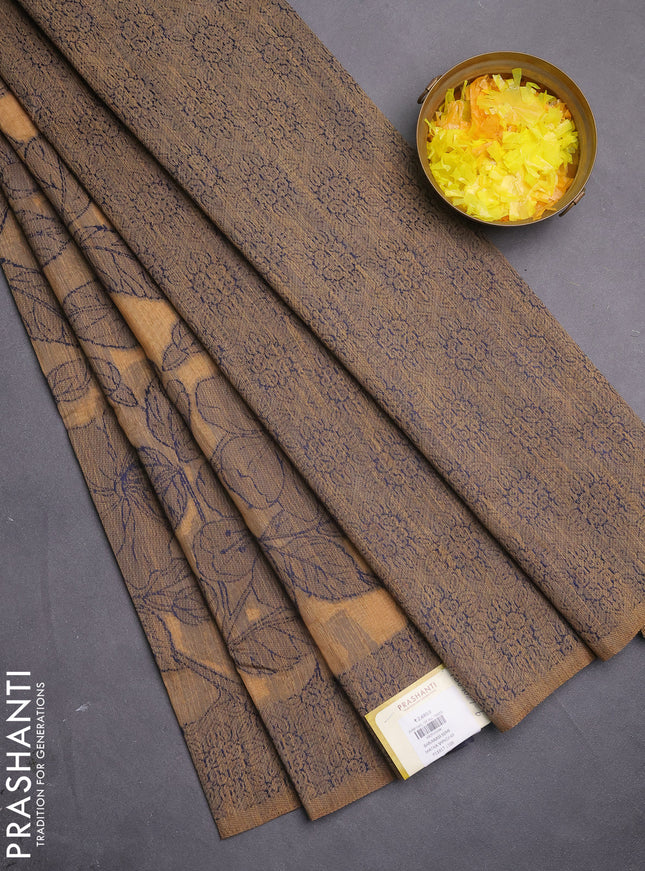 Banarasi semi matka saree sandal with allover thread floral weaves and thread woven border