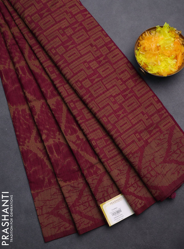 Banarasi semi matka saree dark magenta pink and brown with allover thread weaves and thread woven border