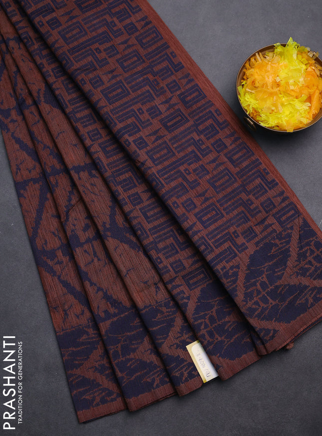 Banarasi semi matka saree brown and blue with allover thread weaves and thread woven border