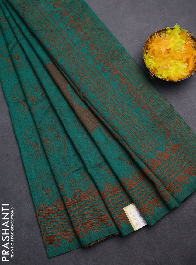 Banarasi semi matka saree teal green and brown with allover thread weaves and thread woven border
