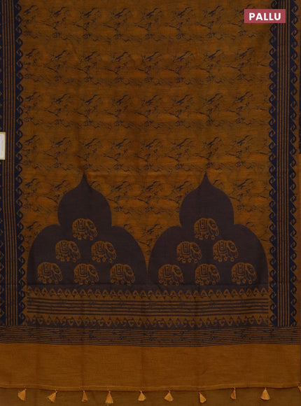 Banarasi semi matka saree mustard yellow and navy blue with allover thread weaves and thread woven border