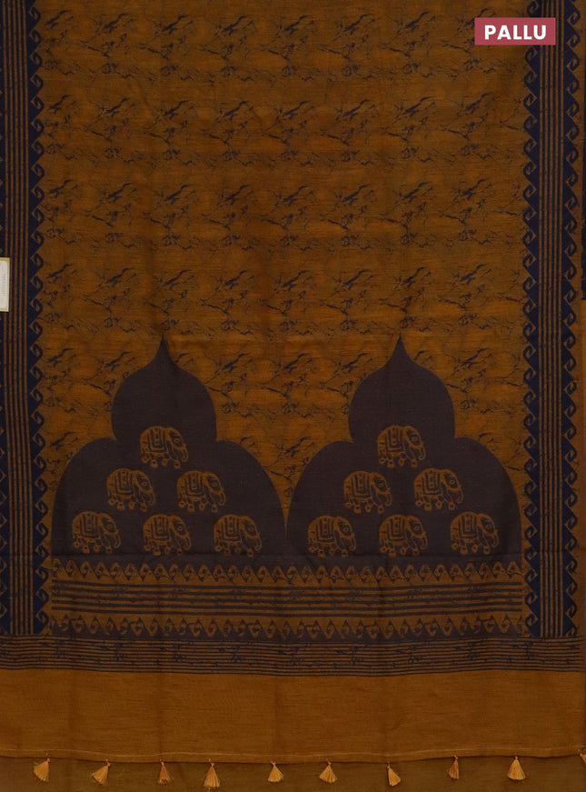 Banarasi semi matka saree mustard yellow and navy blue with allover thread weaves and thread woven border