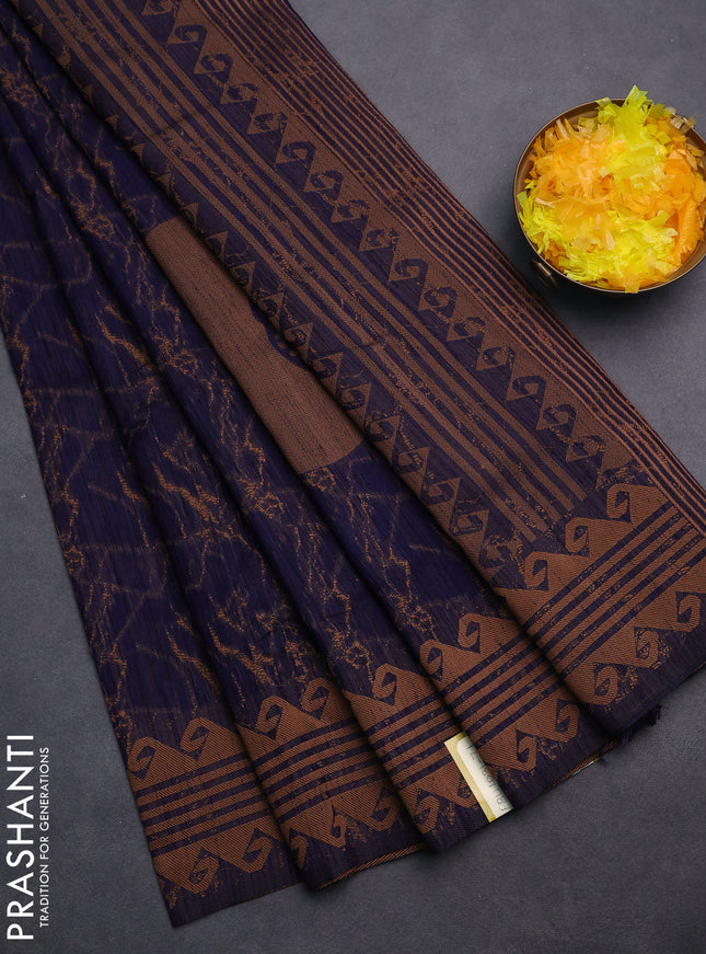 Banarasi semi matka saree navy blue and brown with allover thread weaves and thread woven border