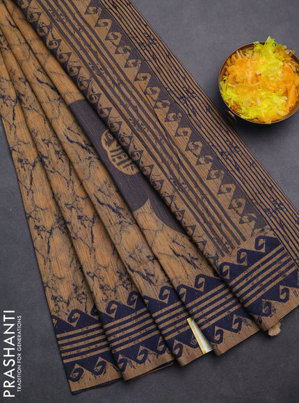 Banarasi semi matka saree sandal and navy blue with allover thread weaves and thread woven border