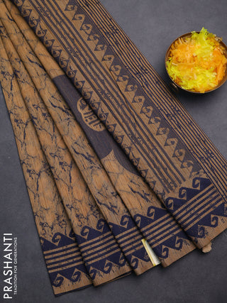 Banarasi semi matka saree sandal and navy blue with allover thread weaves and thread woven border