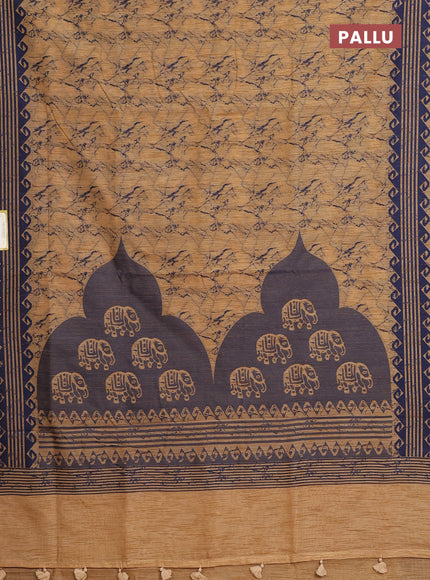 Banarasi semi matka saree sandal and navy blue with allover thread weaves and thread woven border