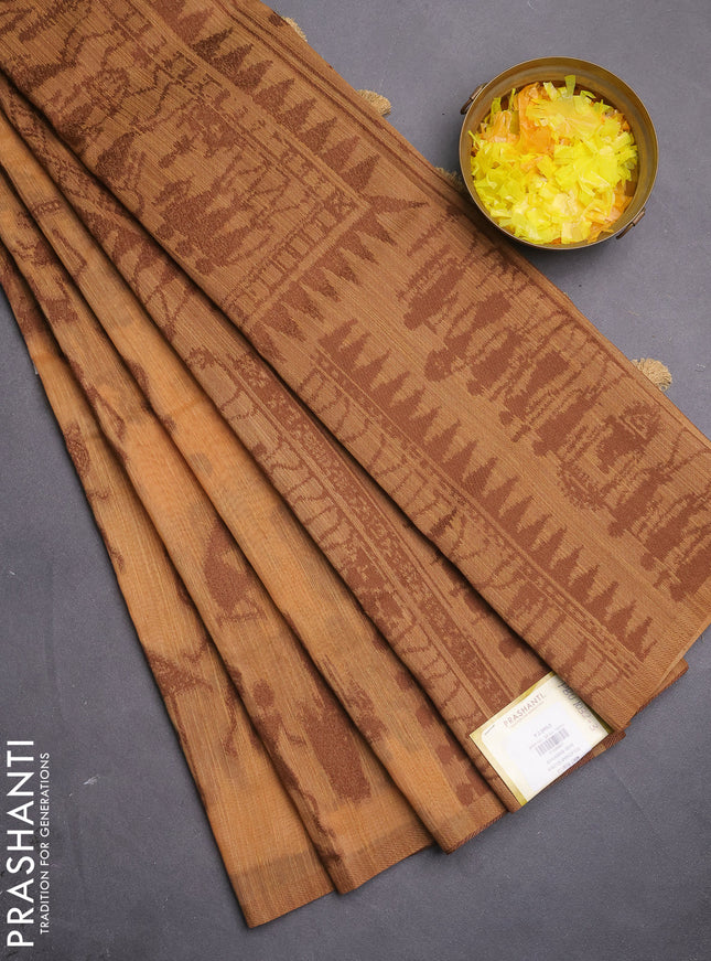 Banarasi semi matka saree dark sandal with allover warli design thread weaves in borderless style