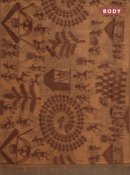 Banarasi semi matka saree dark sandal with allover warli design thread weaves in borderless style