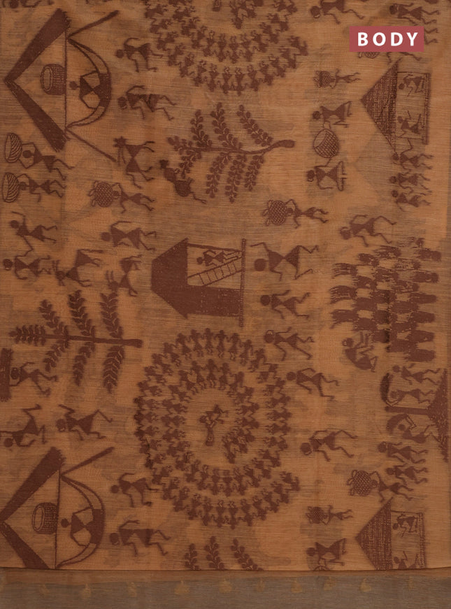 Banarasi semi matka saree dark sandal with allover warli design thread weaves in borderless style