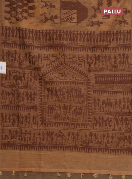 Banarasi semi matka saree dark sandal with allover warli design thread weaves in borderless style