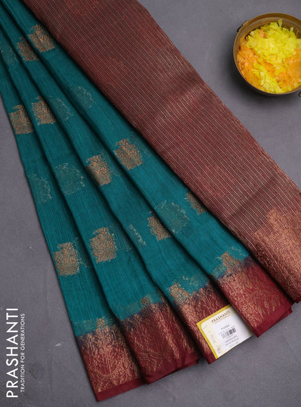 Banarasi semi matka saree teal green and maroon with thread & zari woven buttas and banarastyle border