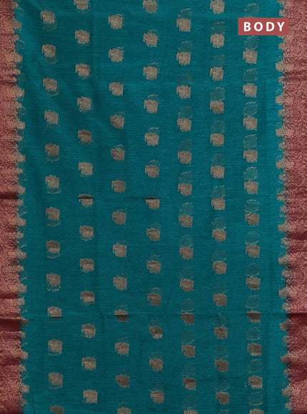Banarasi semi matka saree teal green and maroon with thread & zari woven buttas and banarastyle border