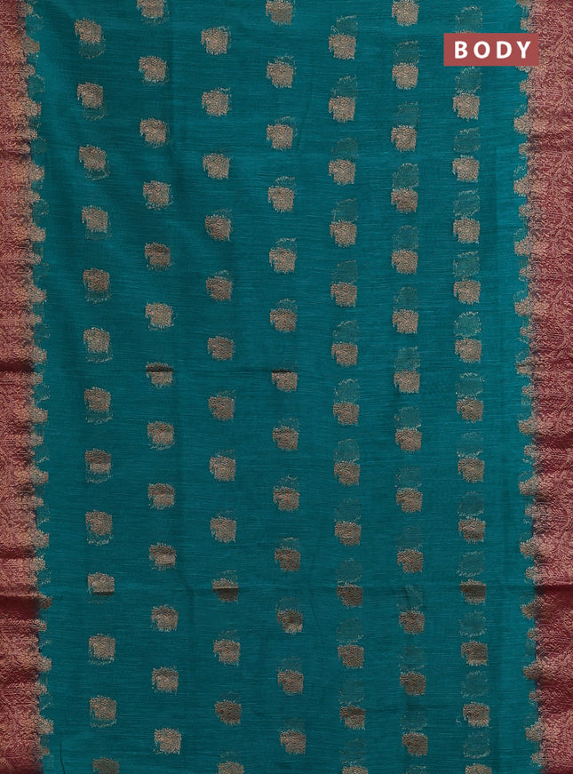 Banarasi semi matka saree teal green and maroon with thread & zari woven buttas and banarastyle border