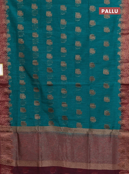 Banarasi semi matka saree teal green and maroon with thread & zari woven buttas and banarastyle border