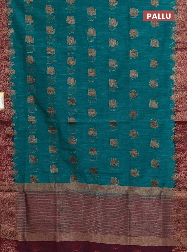Banarasi semi matka saree teal green and maroon with thread & zari woven buttas and banarastyle border