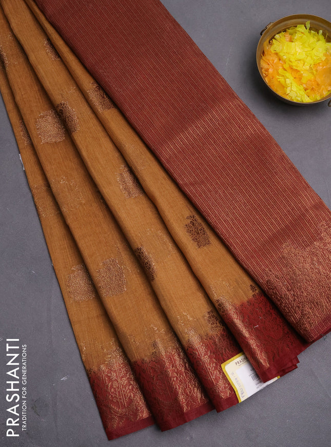 Banarasi semi matka saree sandal and maroon with thread & zari woven buttas and banarastyle border