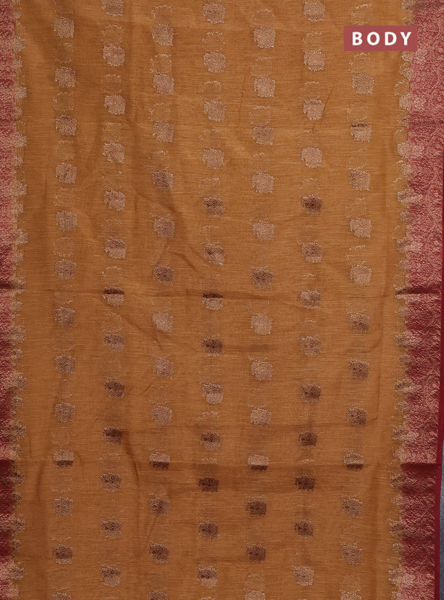 Banarasi semi matka saree sandal and maroon with thread & zari woven buttas and banarastyle border