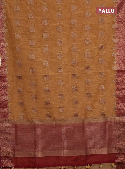 Banarasi semi matka saree sandal and maroon with thread & zari woven buttas and banarastyle border