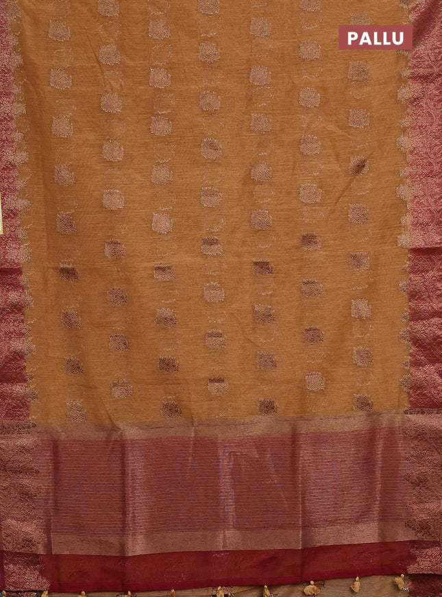 Banarasi semi matka saree sandal and maroon with thread & zari woven buttas and banarastyle border