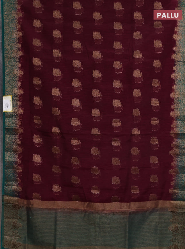 Banarasi semi matka saree wine shade and green with thread & zari woven buttas and banarastyle border