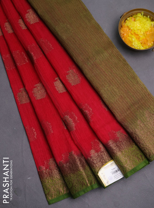 Banarasi semi matka saree pink and mehendi green with thread & zari woven buttas and banarastyle border