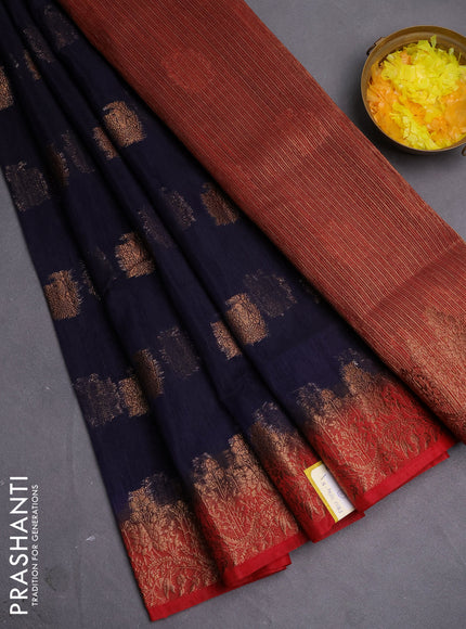 Banarasi semi matka saree navy blue and red with thread & zari woven buttas and banarastyle border