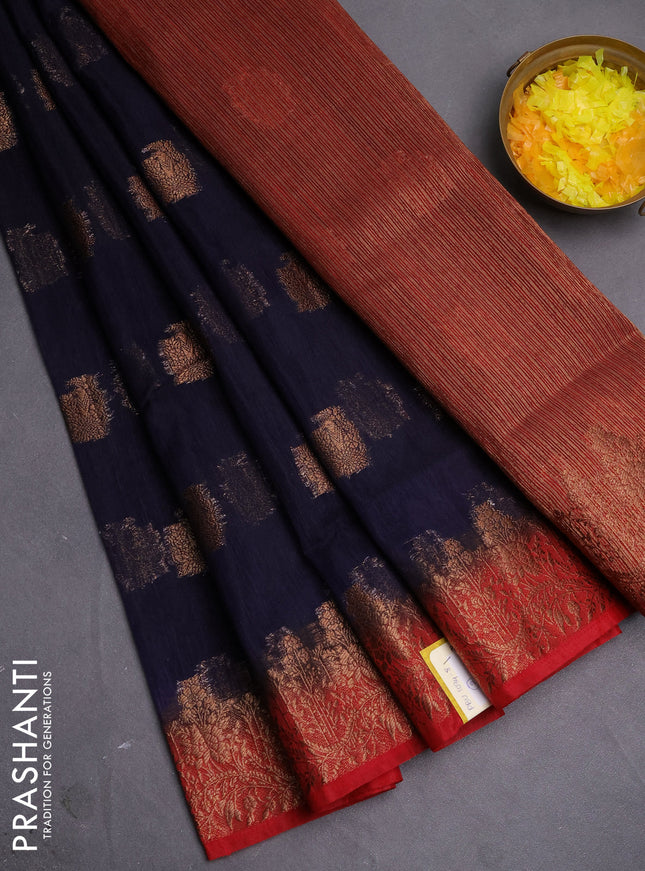 Banarasi semi matka saree navy blue and red with thread & zari woven buttas and banarastyle border