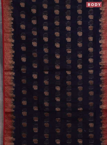 Banarasi semi matka saree navy blue and red with thread & zari woven buttas and banarastyle border