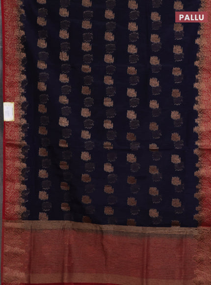 Banarasi semi matka saree navy blue and red with thread & zari woven buttas and banarastyle border