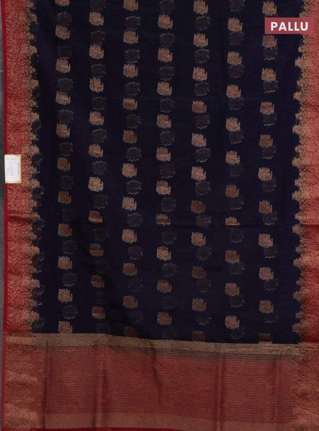 Banarasi semi matka saree navy blue and red with thread & zari woven buttas and banarastyle border