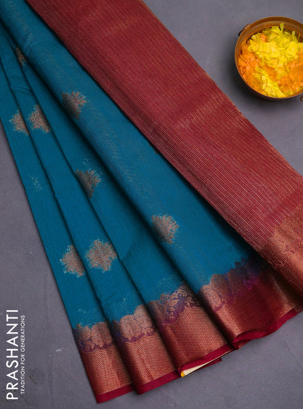 Banarasi semi matka saree teal blue shade and wine shade with thread & zari woven buttas and banarastyle border