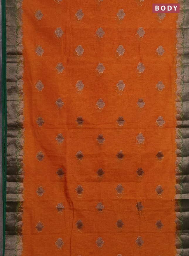 Banarasi semi matka saree mustard yellow and green with thread & zari woven buttas and banarastyle border