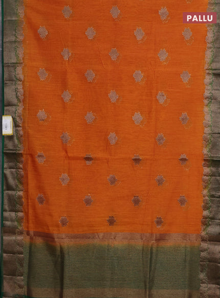 Banarasi semi matka saree mustard yellow and green with thread & zari woven buttas and banarastyle border