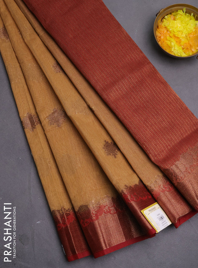 Banarasi semi matka saree sandal and maroon with thread & zari woven buttas and banarastyle border