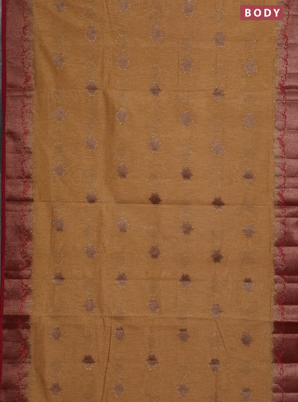 Banarasi semi matka saree sandal and maroon with thread & zari woven buttas and banarastyle border