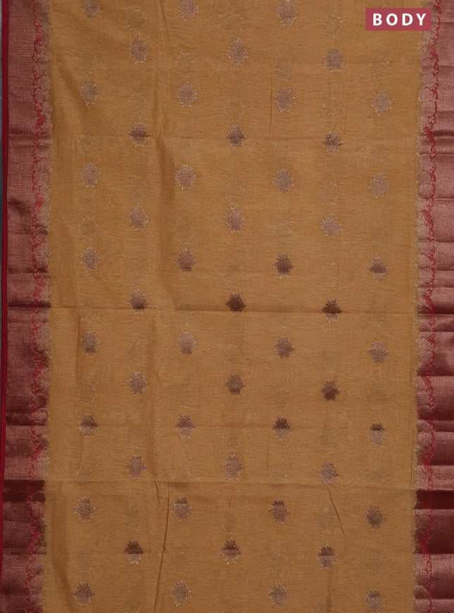 Banarasi semi matka saree sandal and maroon with thread & zari woven buttas and banarastyle border