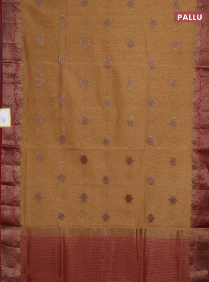 Banarasi semi matka saree sandal and maroon with thread & zari woven buttas and banarastyle border