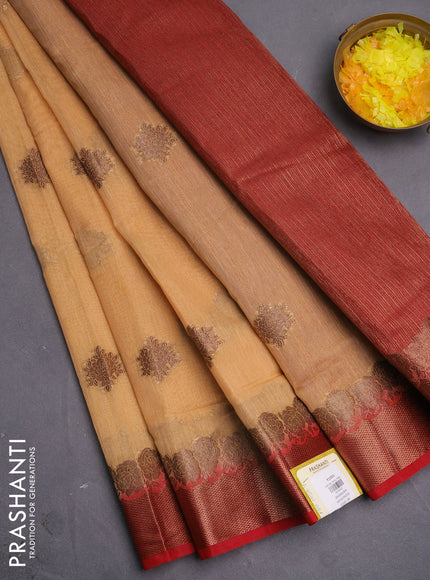 Banarasi semi matka saree sandal and red with thread & zari woven buttas and banarastyle border