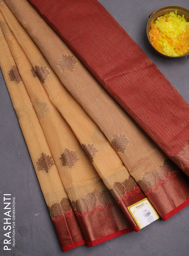 Banarasi semi matka saree sandal and red with thread & zari woven buttas and banarastyle border