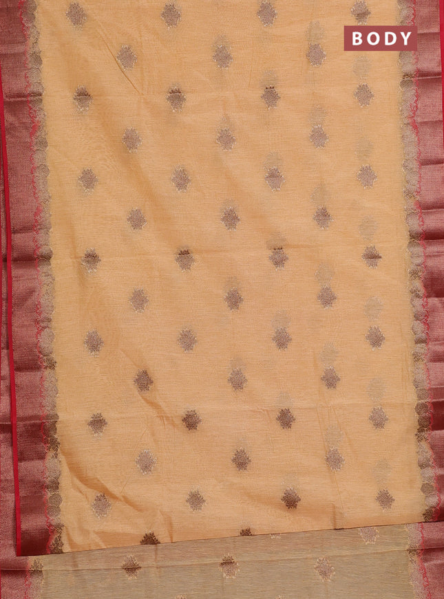 Banarasi semi matka saree sandal and red with thread & zari woven buttas and banarastyle border