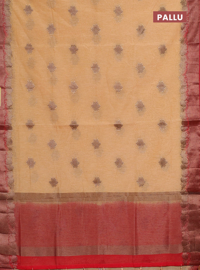 Banarasi semi matka saree sandal and red with thread & zari woven buttas and banarastyle border