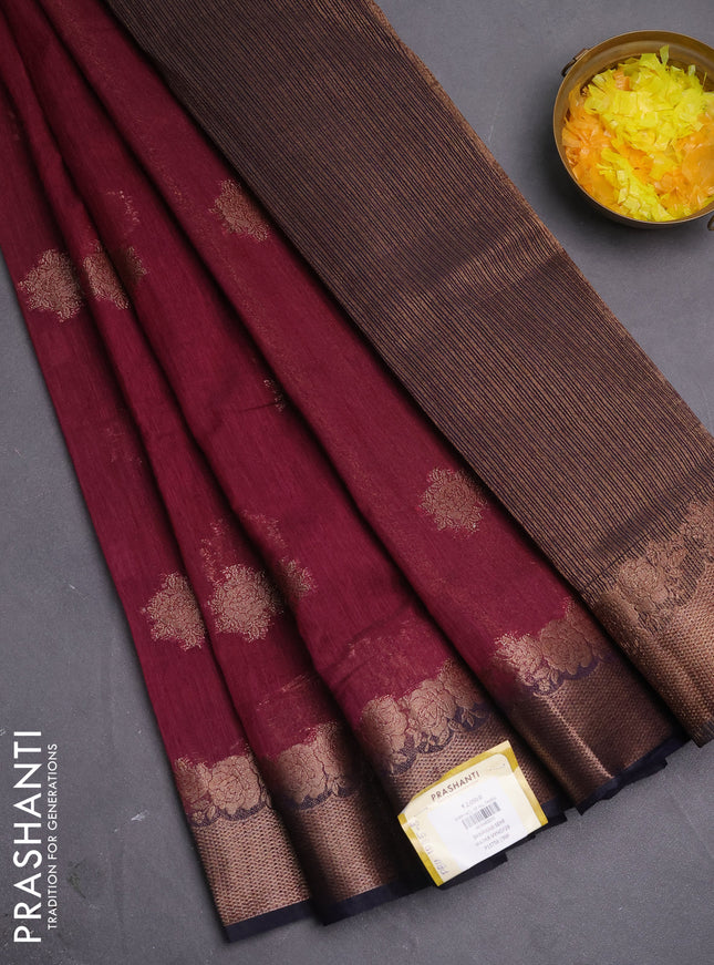 Banarasi semi matka saree wine shade and navy blue with thread & zari woven buttas and banarastyle border