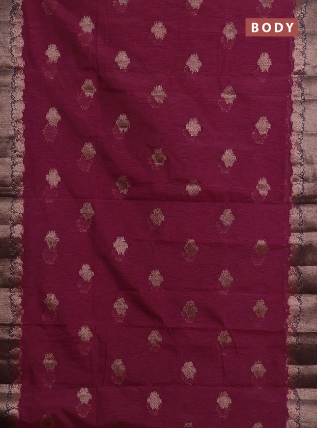 Banarasi semi matka saree wine shade and navy blue with thread & zari woven buttas and banarastyle border