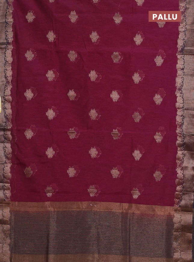 Banarasi semi matka saree wine shade and navy blue with thread & zari woven buttas and banarastyle border