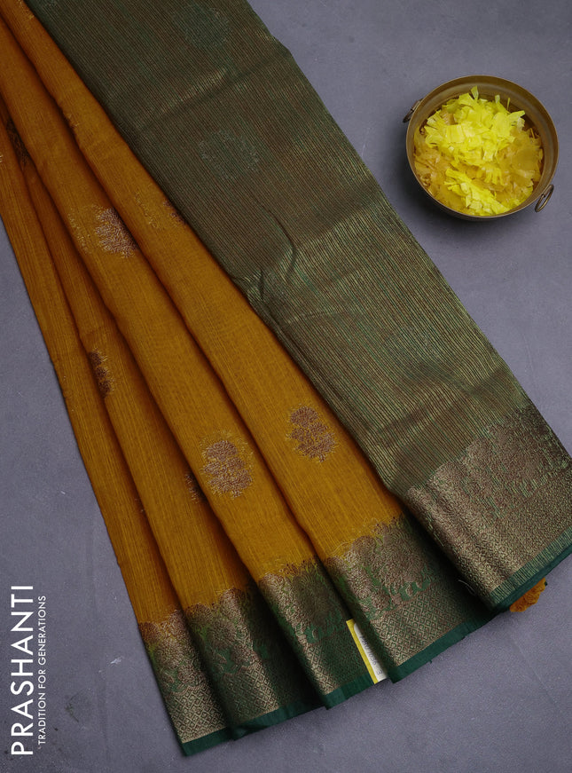 Banarasi semi matka saree mustard yellow and green with thread & zari woven floral buttas and banarastyle border