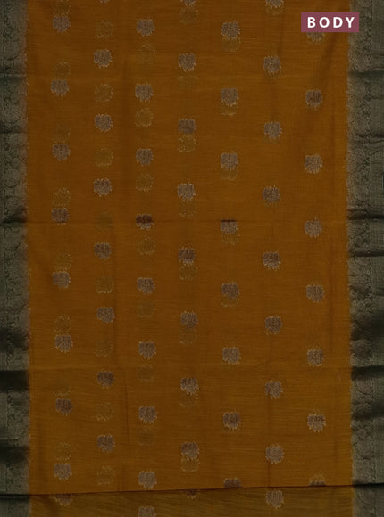 Banarasi semi matka saree mustard yellow and green with thread & zari woven floral buttas and banarastyle border