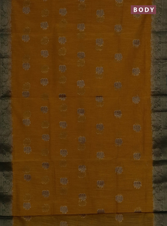 Banarasi semi matka saree mustard yellow and green with thread & zari woven floral buttas and banarastyle border