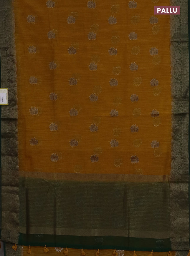 Banarasi semi matka saree mustard yellow and green with thread & zari woven floral buttas and banarastyle border
